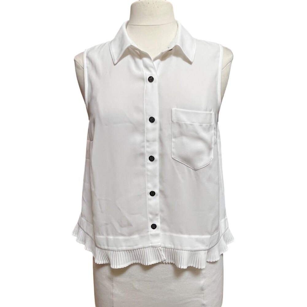 Cabi White Sleeveless Button Up‎ Blouse Pleated Ruffle Hem Capsule Office Small
